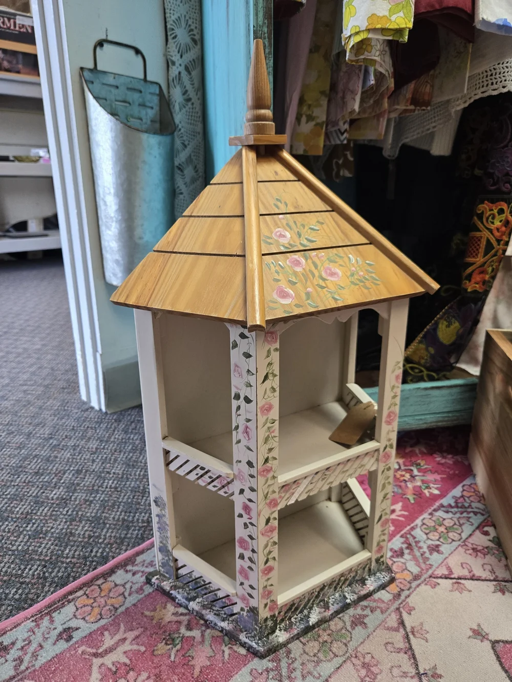 Hand-Painted Wooden Display Cabinet with Floral Roof